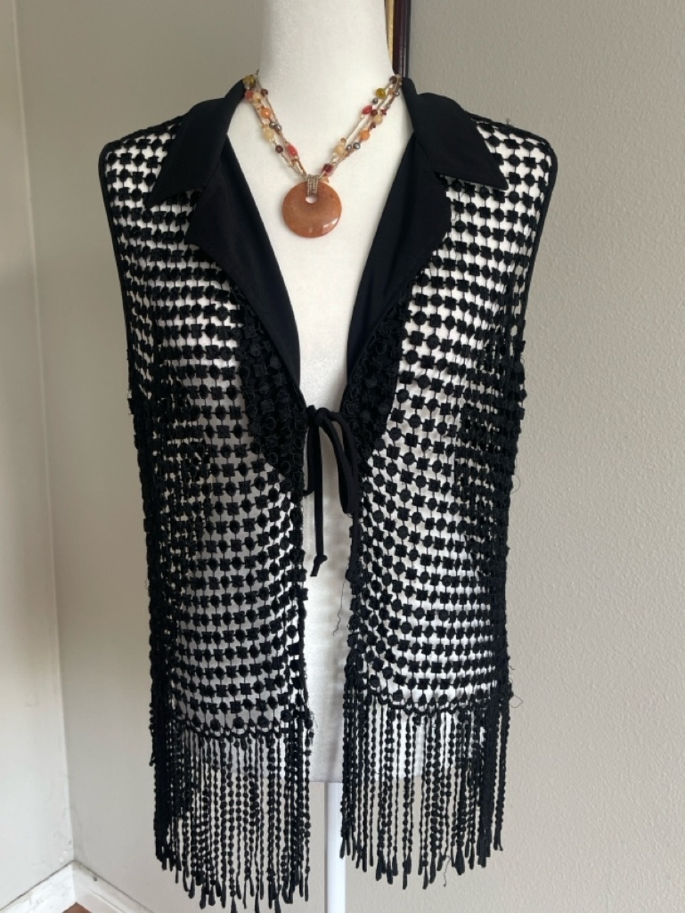 Black Crochet Fringe Tie-Front Vest Size XL